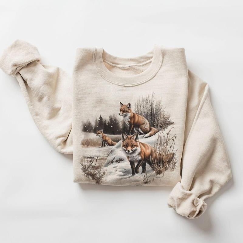 Retro Red Foxes Winter Scene Sweatshirt - 90s Fox Snowy Forest Wilderness Pullover Hoodie Cotton T-Shirts | HypeCrazeTee.com
