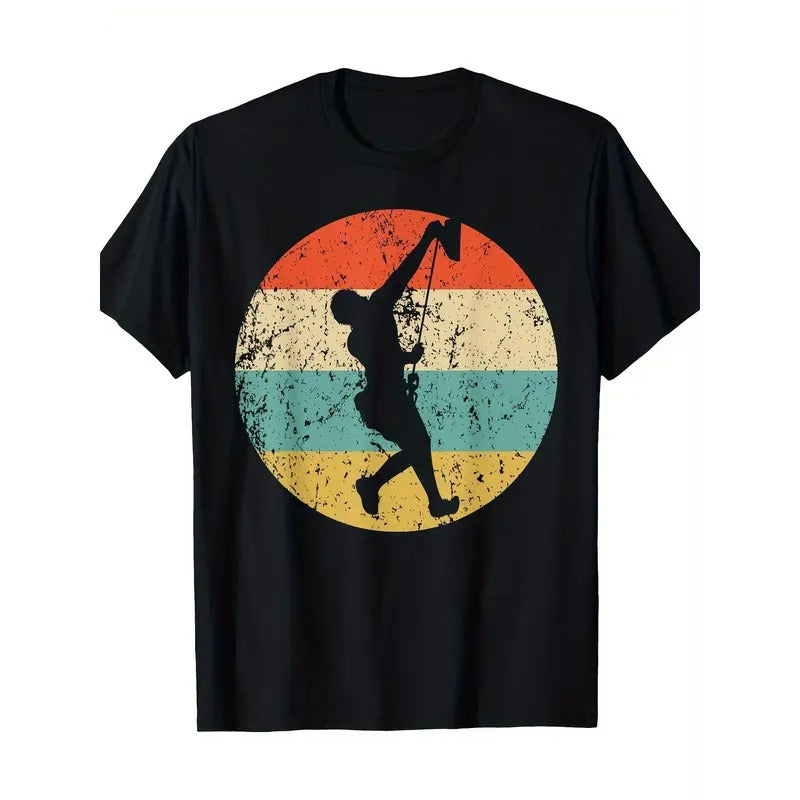 Retro Rock Climber Silhouette T-Shirt, 100% Cotton, Casual Round Neck, Short Sleeve, Geometric Pattern, Digital Print,...