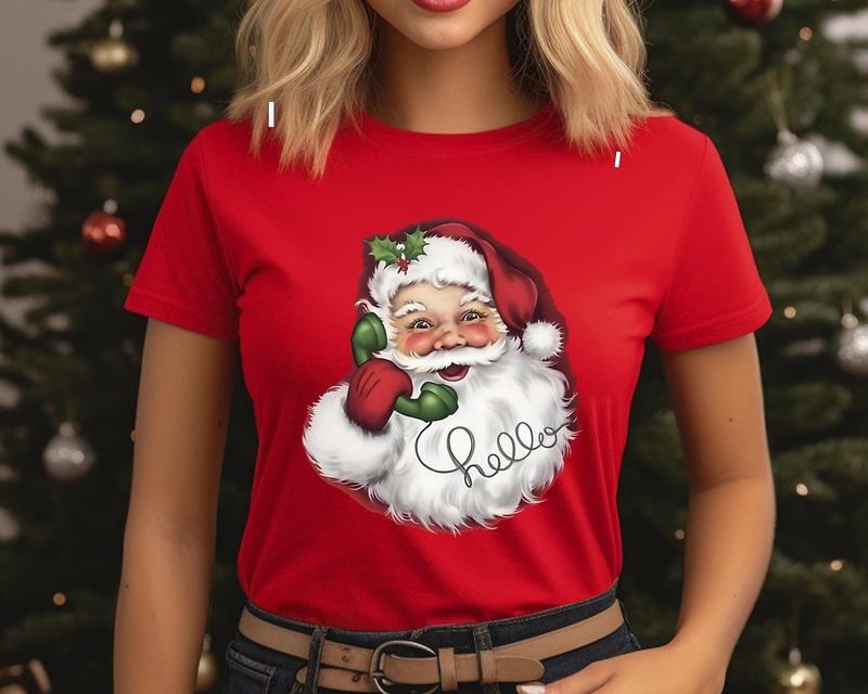 Retro Santa Christmas Shirt for Women, Hello Santa T-shirt Gift - Pullover, Fabric Hoodie, Sweatshirt | HypeCrazeTee.com