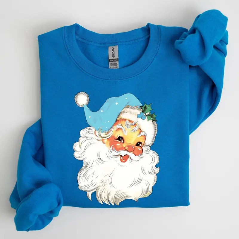 Retro Santa, Blue, Classic, Twinkle, Christmas, Winter, Xmas Sweatshirt, Women's Crew Neck, Crewneck T-Shirts, Hoodie
