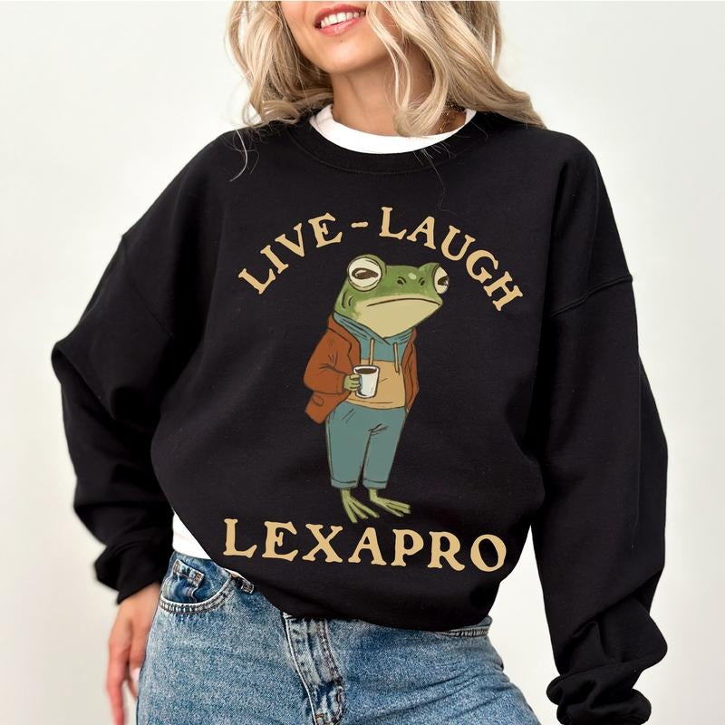 Retro Sarcastic Live Laugh Sweatshirt, Mental Health Awareness Crewneck, Funny Meme Frog Long Sleeved Pullover, Sarcastic...