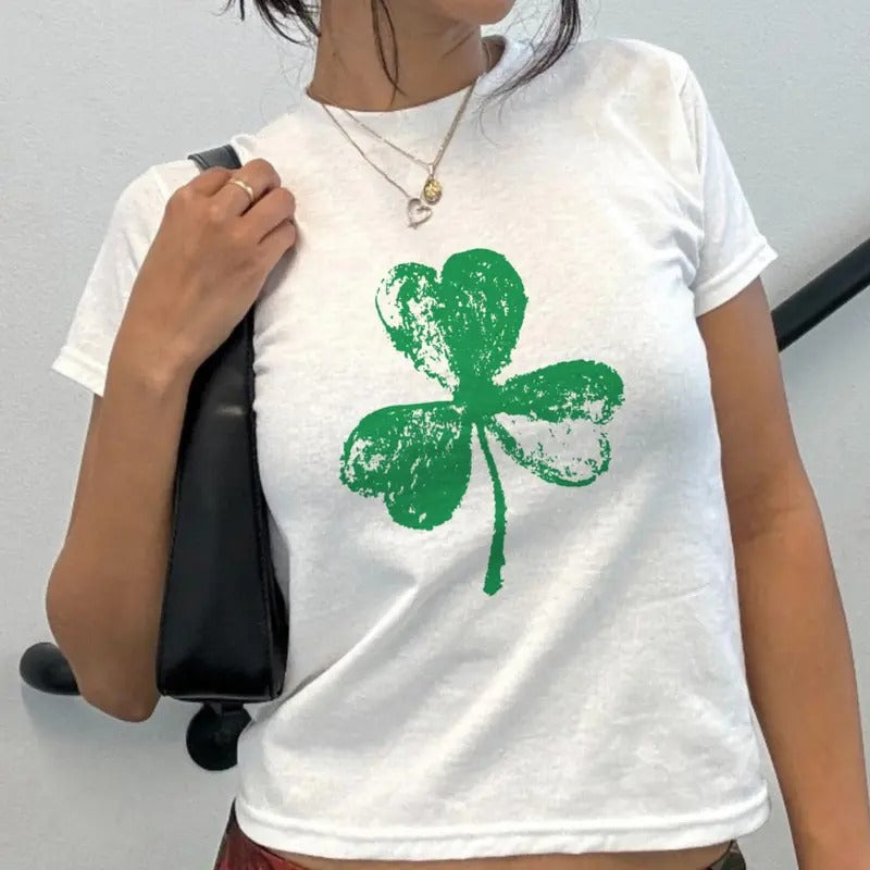 Retro Shamrock Baby Tee, Four Leaf Clover Y2K Baby Tee, Irish Lucky Tee Shirt, St. Patrick's Day Baby Tee Hoodie, Sweatshirt