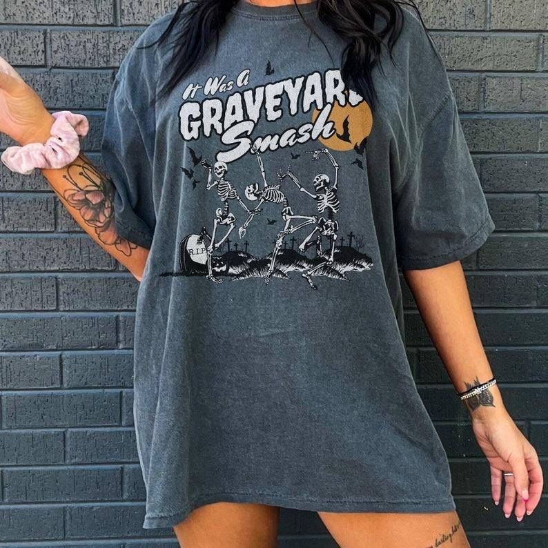 Retro Skeleton Halloween Com-fort Colors Tshirt, Trendy Fall Tee, Spooky Season, Graveyard Smash Shirt, Vintage Style...