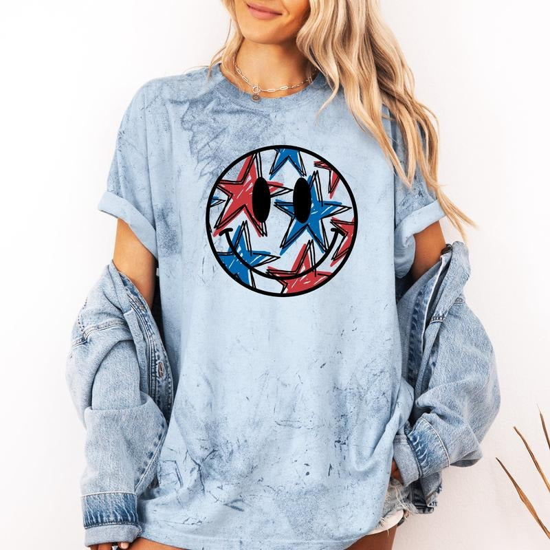 Retro Smiley, Patriotic, USA, America, 4th of July, Color Blast Tshirt Comfort Colors T-Shirt Hoodie, Sweatshirt