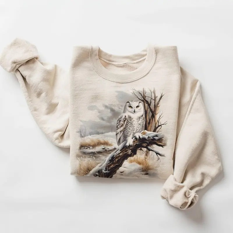 Retro Snowy Owl Winter Scene Sweatshirt - Nineties 90s Vintage Owl Perched On Tree Birds Of Prey