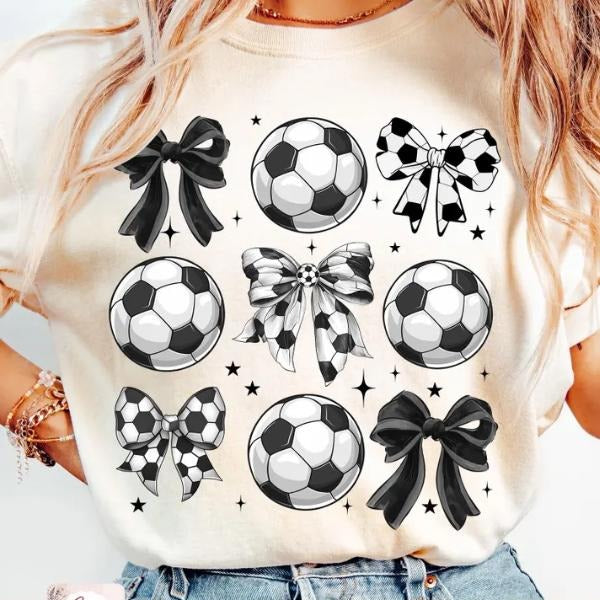 Retro Soccer Bow Shirt, Game Day Coquette Soccer TShirt, Soccer Mama Sports Shirt Hoodie, Sweatshirt | HypeCrazeTee.com