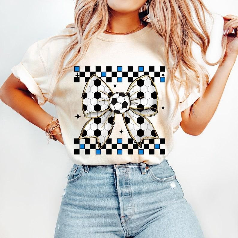 Retro Soccer Coquette, Soccer Mama, Game Day, Checker Bow T-shirt Hoodie, Sweatshirt | HypeCrazeTee.com