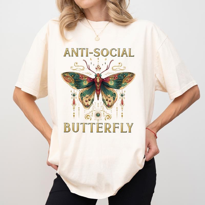 Retro Social Anxiety Butterfly Comfort Colors Shirt, Retro Butterfly Women Tee, Anti Society Moms Club T-shirt, Introvert...