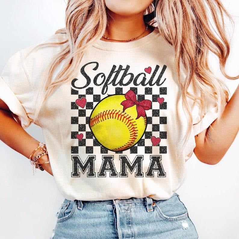 Retro Softball Mama Coquette T-shirt, Softball, Game Day, Coquette, Checkered Bow Hoodie, Sweatshirt | HypeCrazeTee.com