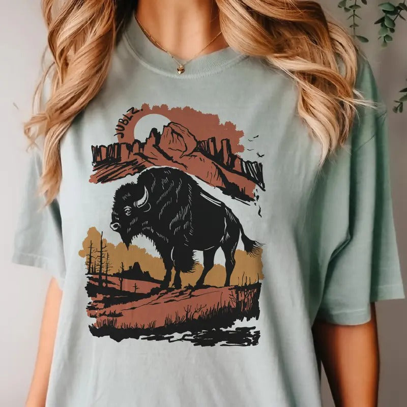 Retro Southwestern Bison Tee Midwestern Bison Tshirt American Bison Tee Retro Rodeo Bison Sweatshirt Vintage Bull Tees...