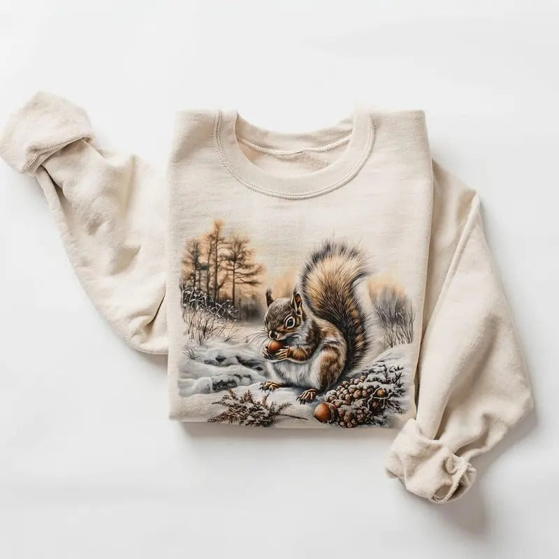 Retro Squirrel With Acorns Winter Forest Scene Sweatshirt 90s Vintage Cute Animals Outfit - Boho Unisex T-Shirts, Hoodie
