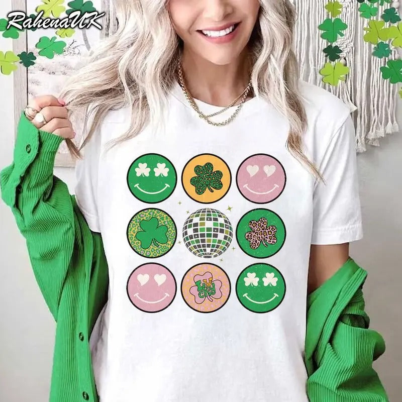 Retro St. Patrick's Day Shirt, Women's St Patty's Day Shirt, Smil.ey Face Shamrock T-shirt, Happy Go Lucky Shirt, Luck Of...