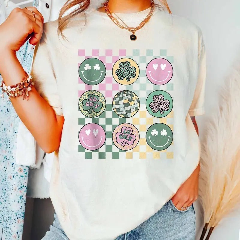 Retro St. Patrick's Day Shirt, Women's St Patty's Day Shirt, Smil.ey Face Shamrock T-shirt, Happy Go Lucky Shirt, Luck Of...