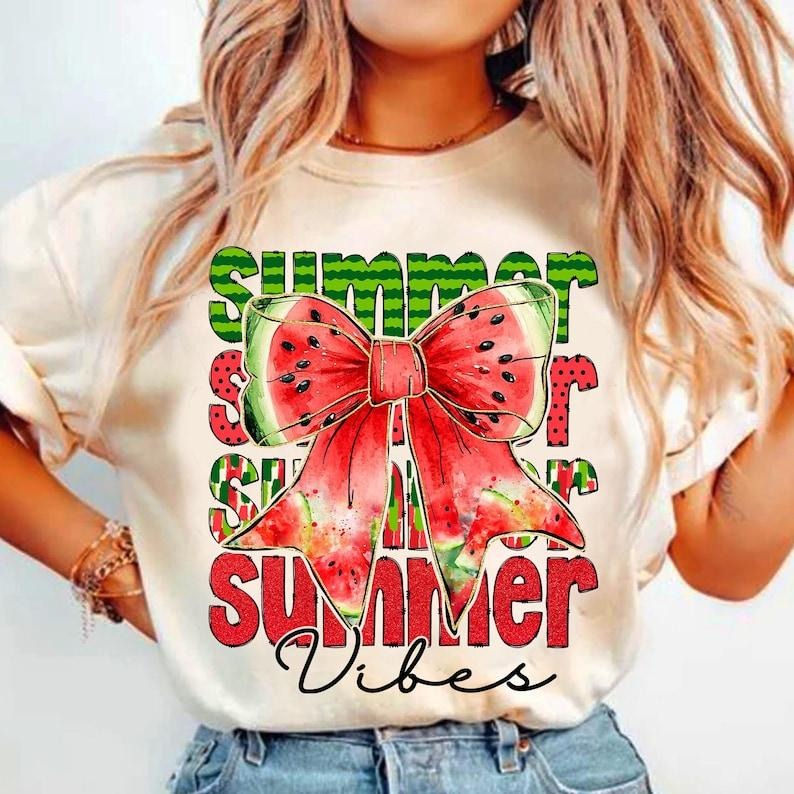 Retro Summer Watermelon Coquette Bow Hello Summer Girly Mama T Shirtstyle{N002}3 T-Shirts, Hoodie, Sweatshirt