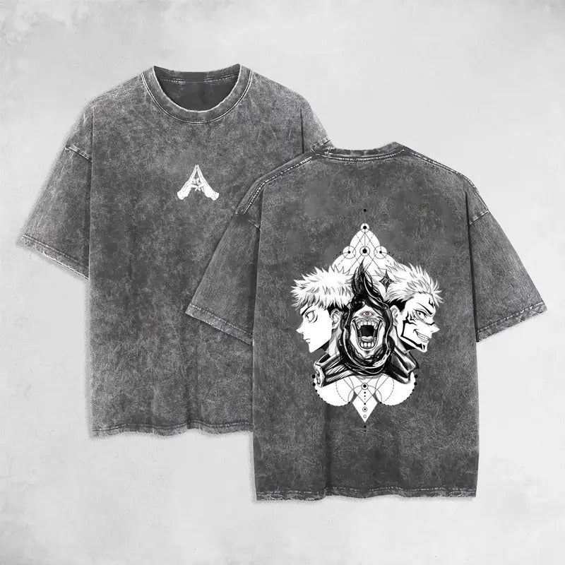Retro Vintage Sukuna JJK Evolutions Jujutsu Kaisen Anime Double Printed Oversized Washed T-Shirt  Unisex Mineral Anime...