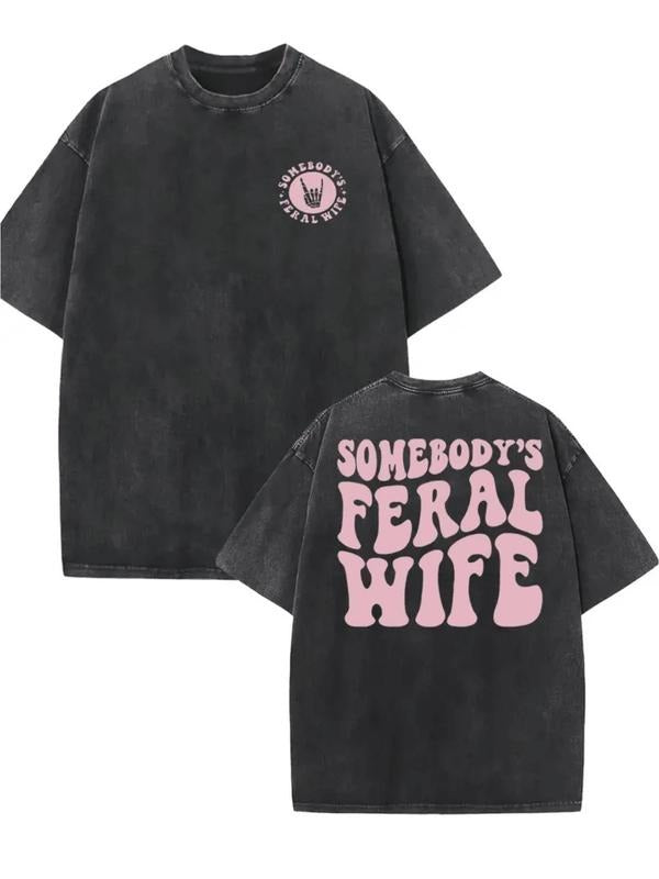 Retro Washed Cotton T-Shirt, "Somebody's Feral Wife" Pattern Printed On Both Sides, Casual Round Neck, Short Sleeves,...