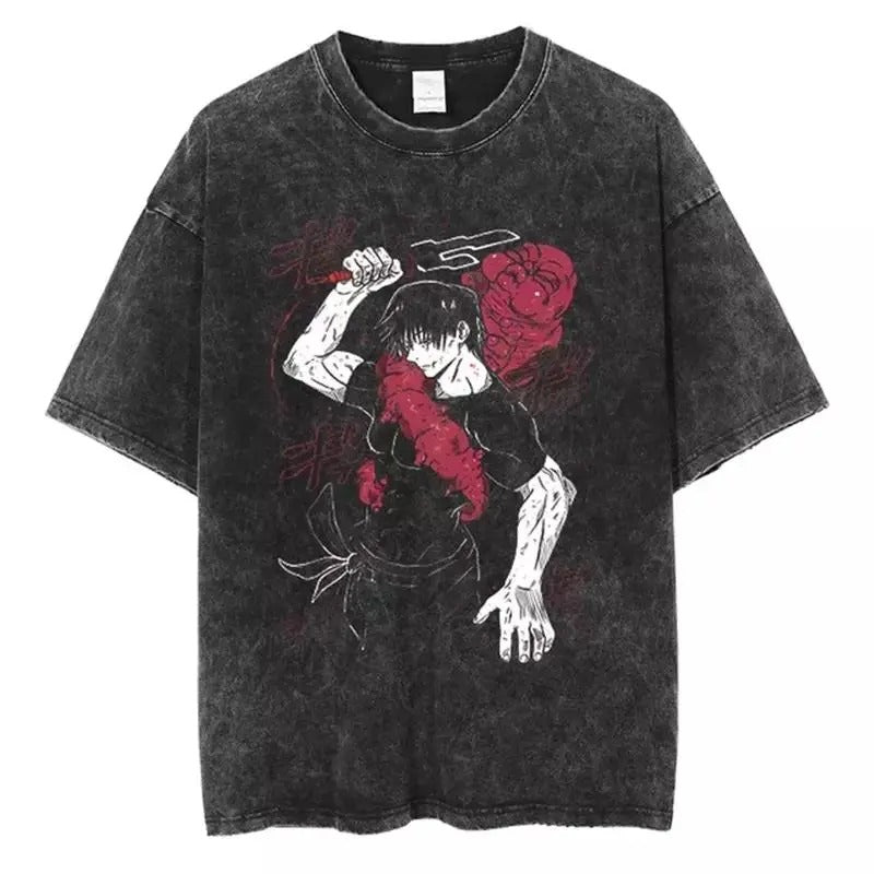 Retro Washed T-shirt Jujutsu Kaisen Fushiguro Megumi Fashion Short Sleeves Hoodie, Sweatshirt | HypeCrazeTee.com