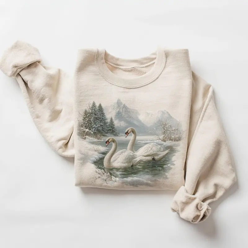 Retro White Swans Winter Lake Scene 90s Waterfowl Mountain Forest Nature Bird Watcher Boho T-Shirts, Hoodie, Sweatshirt