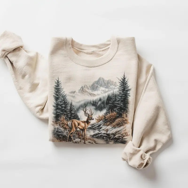Retro Whitetail Buck Deer Winter Mountain Scene Sweatshirt - Nineties 90s Vintage Deer Nature Lover Outfit - Boho Unisex...