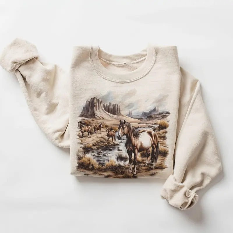 Retro Wild Horses Desert Canyon Fall Scene Sweatshirt - 90's Vintage Horse Lover Gift T-shirt Boho Unisex Pullover Cotton...