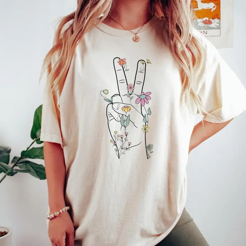 Retro Wildflower T Shirts, Women's T-shirts, Trendy Graphic Tee, Peace Sign Hand Shirt, Positive Shirt Flower T-Shirt,...