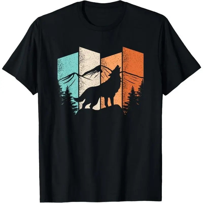 Retro Wolf Landscape Mountain Trees Wolf Lover T-Shirt Hoodie, Sweatshirt | HypeCrazeTee.com