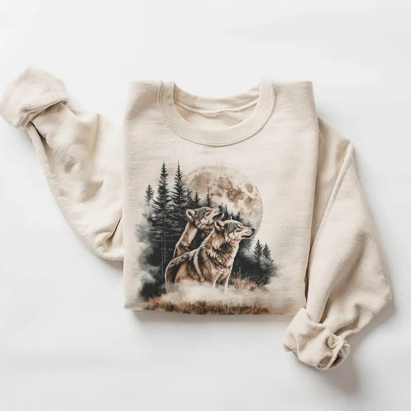 Retro Wolves Howling Moon 90s Wolf Foggy Forest Wilderness Boho Cotton Menswear T-Shirts, Hoodie, Sweatshirt