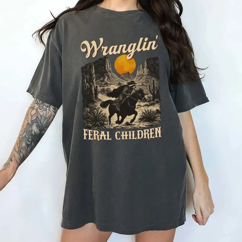 Retro Wranglin' Feral Children Comfort Colors Shirt, Vintage Raccoon 90s Western Unisex T-shirt, Meme Western Raccoon...