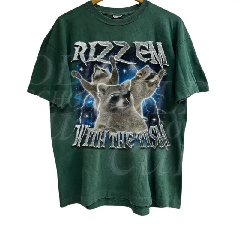 Rizz Em Tism Raccoon Vintage Shirt Retro 90s Raccoon Rizz Shirt Autism Awareness Silly Shirt Lovers Weird Shirt T-Shirts, Hoodie, Sweatshirt