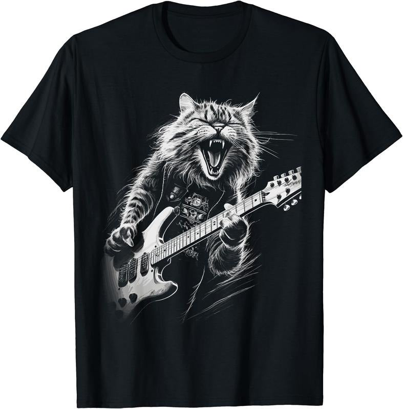Rock Cat Playing Guitar mens woman Funny Guitar Cat T-Shirt | Unisex Cotton Tee, Short Sleeve, Size S-5XL Hoodie, Sweatshirt