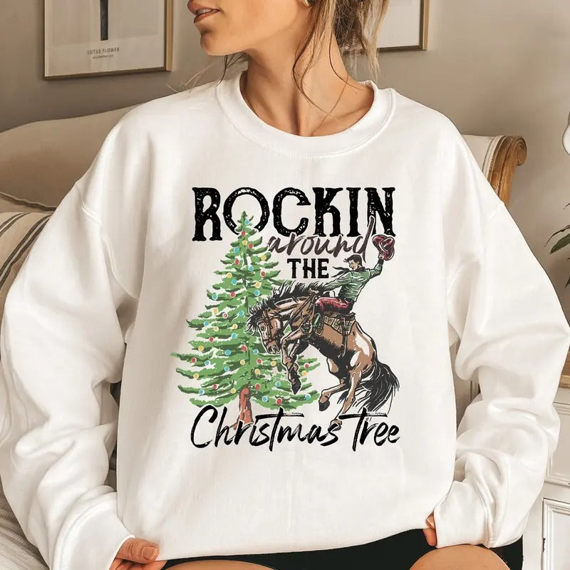 Rocking Around The Christmas Tree Sweatshirt, Women's Christmas Shirts, Retro Christmas Western Shirt,Cowboy Christmas...