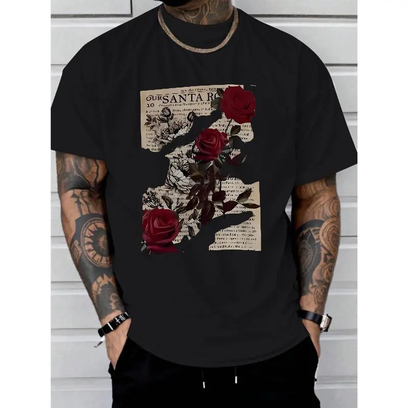 Rose Print Soft & Comfortable Tee Shirt - Men's Casual Short Sleeve T-Shirts for Summer