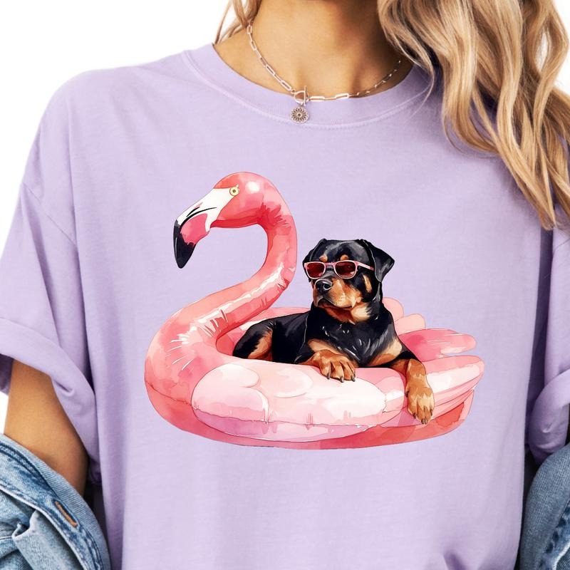 Rottweiler Flamingo Float Dog Shirt ~ Relaxed Fit Printed USA Womenswear Casual Comfort Cotton Top Athletic Boho Chic T-Shirts, Hoodie, Sweatshirt