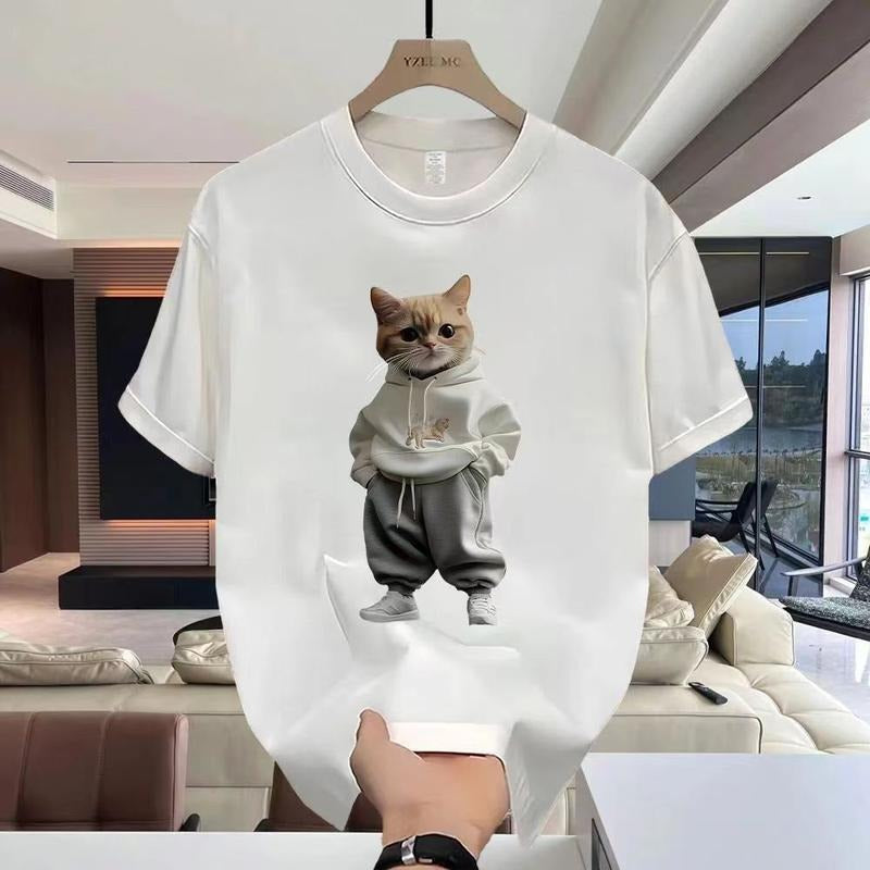 Round Neck Short Sleeve Cartoon Cat Print T-Shirt Men's Trendy Casual Loose Top Hoodie, Sweatshirt | HypeCrazeTee.com