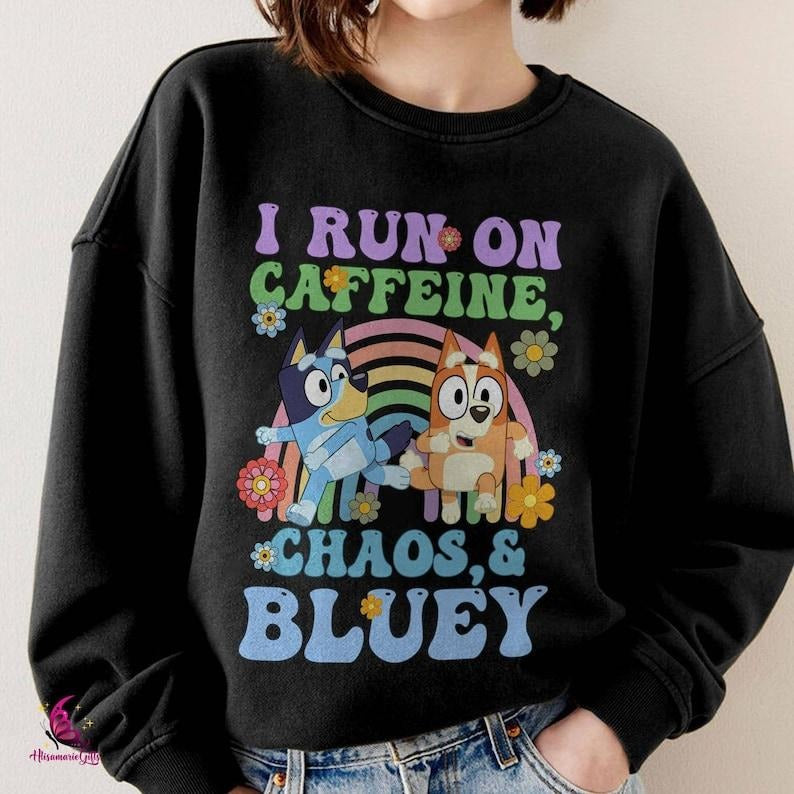 Running on Caffeine Chaos and Bluey Mom Shirt, Chilli Heeler Shirt, Mom Bluey Shirt, Mama Shirt, Chilli Heeler Bluey...