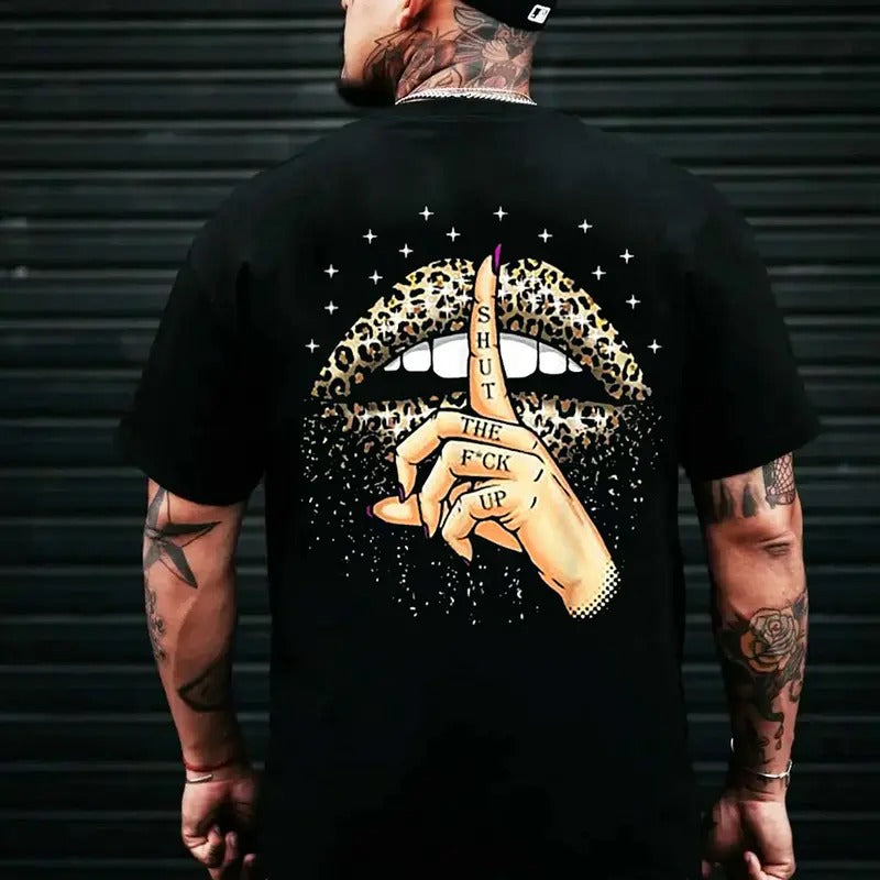 [S-5XL] "Shut Up Leopard Lips" Black Print T-Shirt, Motorcycle Shirt, Graphic Print, Streetwear Fashion Hoodie, Sweatshirt