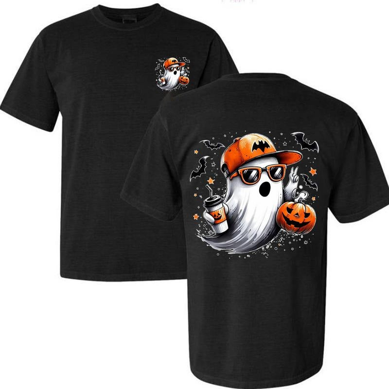 Cool Ghost Halloween with Pumpkin & Coffee T-Shirt | Spooky Season Fall Graphic Tee for Men Women Hoodie, Sweatshirt