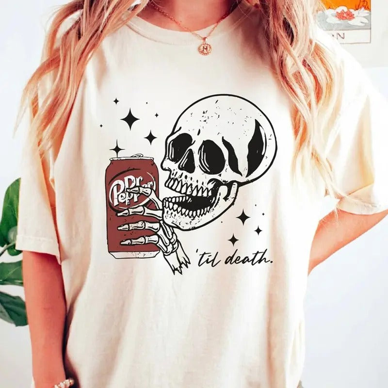 Funny Skull Drinks Dr.Pepper Til Death T-shirt, Trendy Spooky Season Shirt, Breath Cotton Casual Unisex Fitted Top...