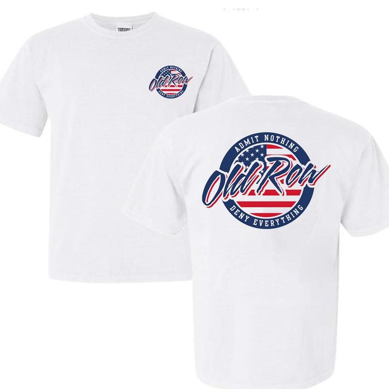 Old Row American Flag 4th of July front & back T-shirt, Trendy Old Row USA Circle Logo 2 sides T-shirt, Menswear Top...