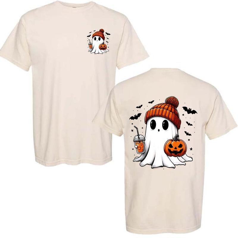 Trendy Halloween Boo with Pumpkin Season Unisex T-shirt 2 sides, Halloween Spooky Season T-shirt Classic Cotton...