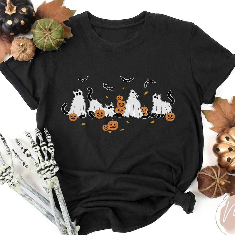 SANDJEST Halloween Ghost Cat Shirt, Cute Halloween Cat Shirt, Spooky Cat Shirt Cat Lover Gifts, Fall Shirt for Women Cat...