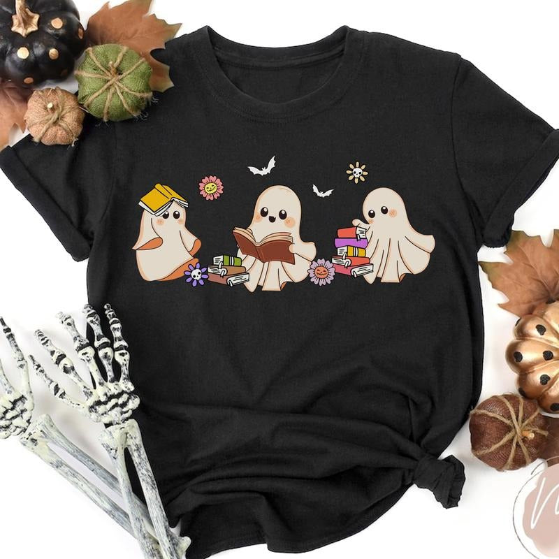 SANDJEST Halloween Ghost Reading Books T-shirt, Reading Teacher Retro Ghost Shirt, Bookish Librarian Spooky Shirt Book...