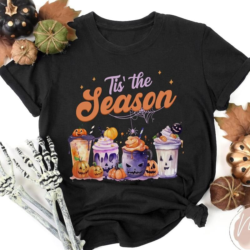 SANDJEST Halloween Tis The Season Shirt, Holiday Apparel Spooky Vibes, Halloween Coffee Fall Shirt Gift For Her, Pumpkin...