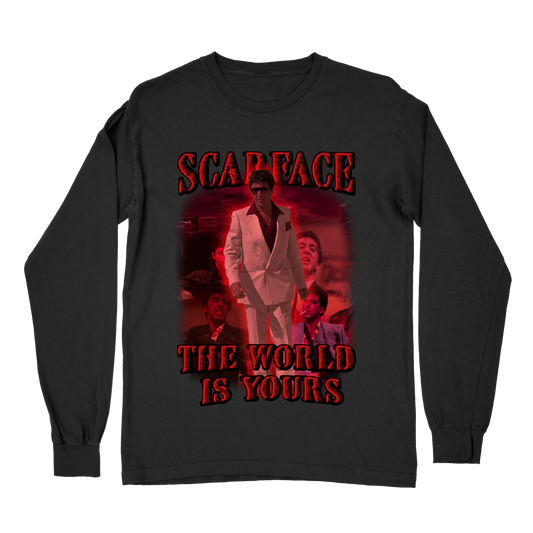 Scarface The World Is Yours Long Sleeve T-Shirt – Vintage Gangster Movie Shirt, Retro Streetwear for Film Fans