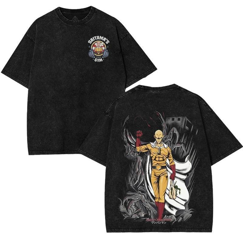 Saitama One Punch Man Oversized T-Shirt Streetwear Anime Graphic Tee 100% Cotton Vintage Wash Top Japanese Manga Design...