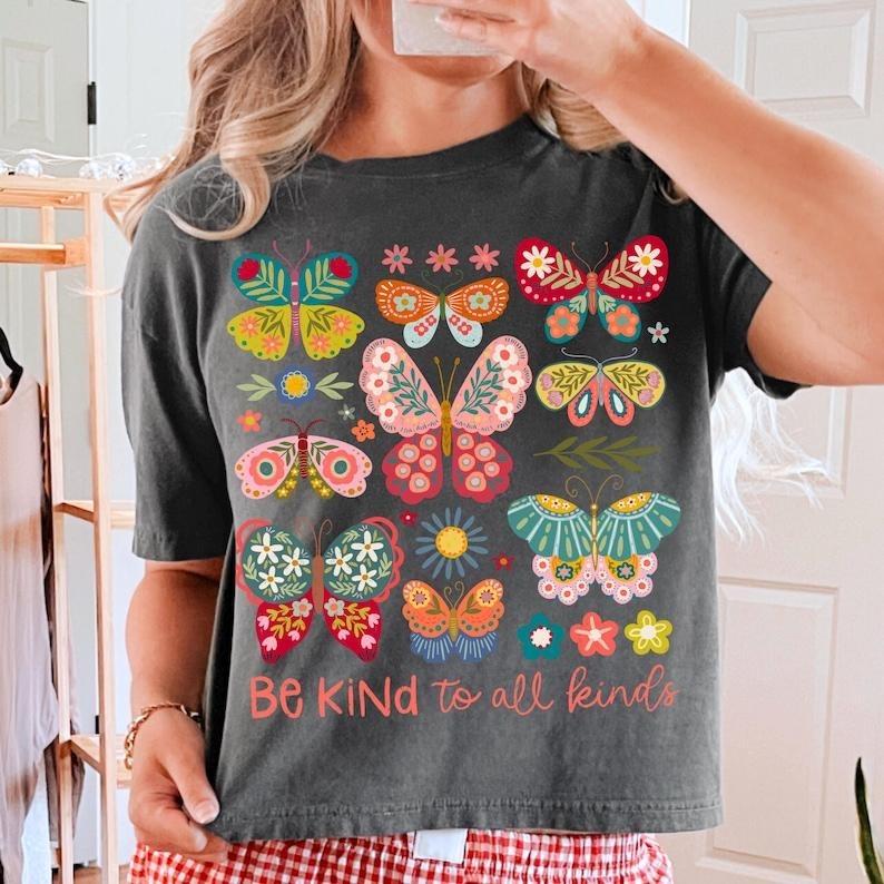 Comfort Colors Be kind to all kinds boho floral Shirt, flowers Shirt, butterfly Shirt Comfortable Fitted Hoodie, Sweatshirt