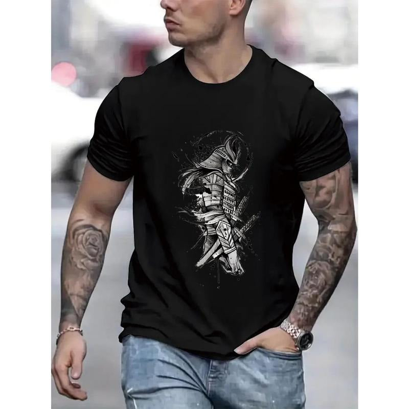 Samurai Print Men's Short Sleeve T-Shirts, Comfy Casual Elastic Crew Neck Tops For Men's Outdoor Activities Hoodie,...