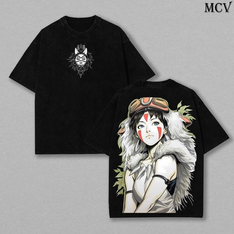 San - Princess Mononoke Anime Double Printed Vintage Washed Tee Unisex Oversize Anime Manga Washed Heavyweight Cotton...