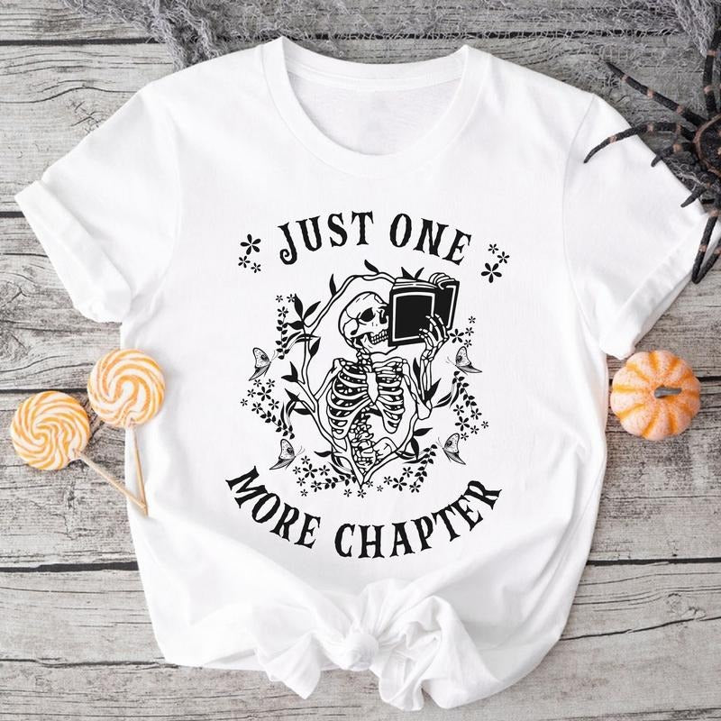 Sandjest Book Lover Shirt Skeleton Just One More Chapter Funny Gift for Book Worm Women Girl Hoodie, Sweatshirt