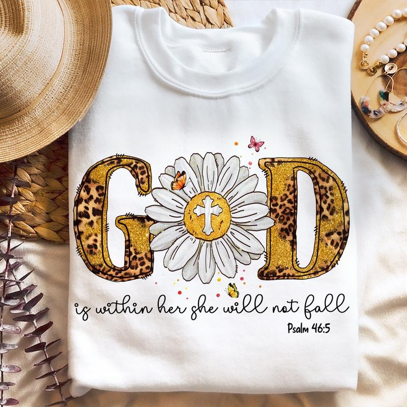 Sandjest Christian T-Shirt God Is Within Her She Will Not Fall Leopard Style Gift for Jesus Lover Bible Lovers Hoodie,...